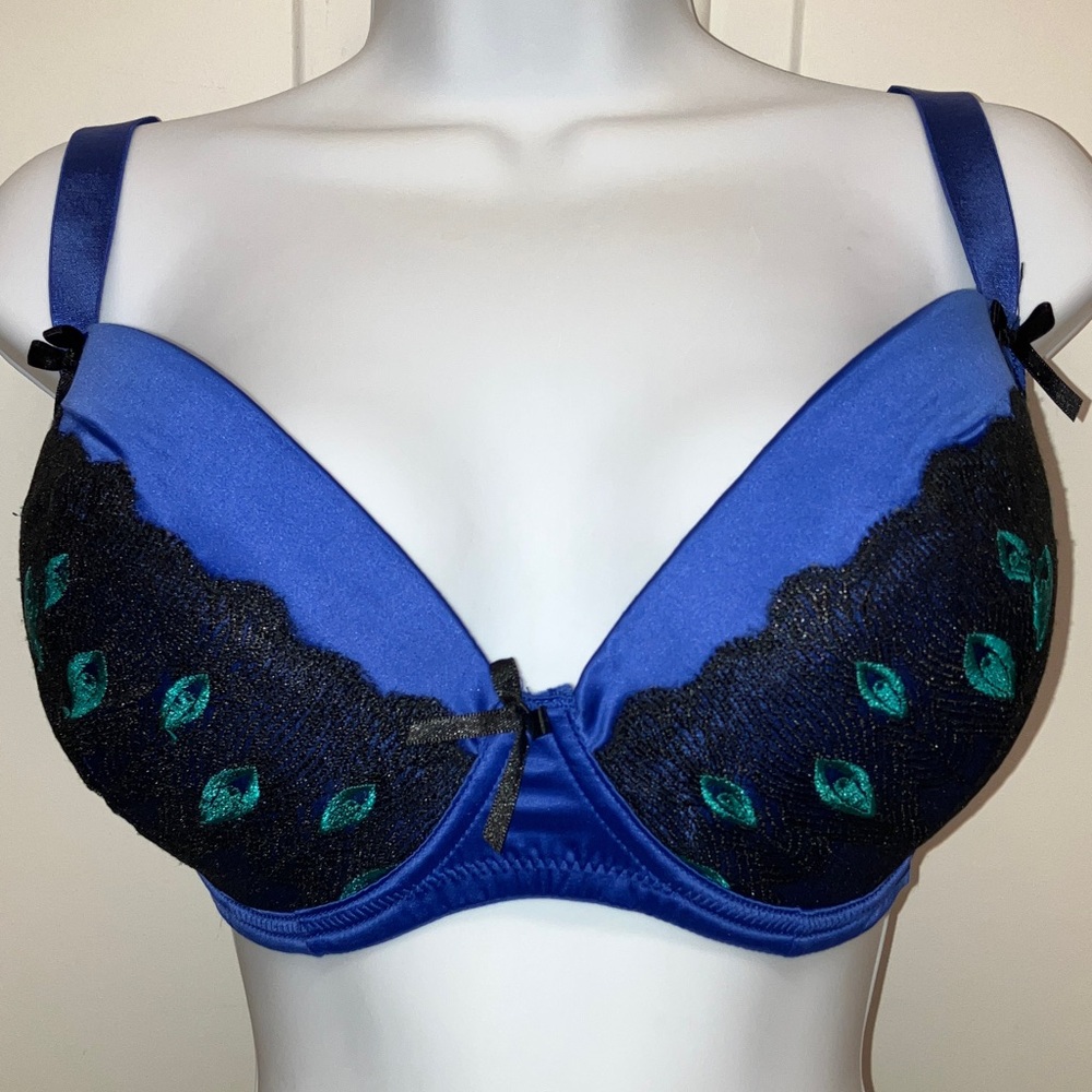 Curvy Kate full support bra, blue and black peacock motif, size 30GG